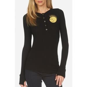 Lauren Moshi Y2K Graphic Happy Eye Ribbed Henley Long Sleeve Tee S Punk Rock